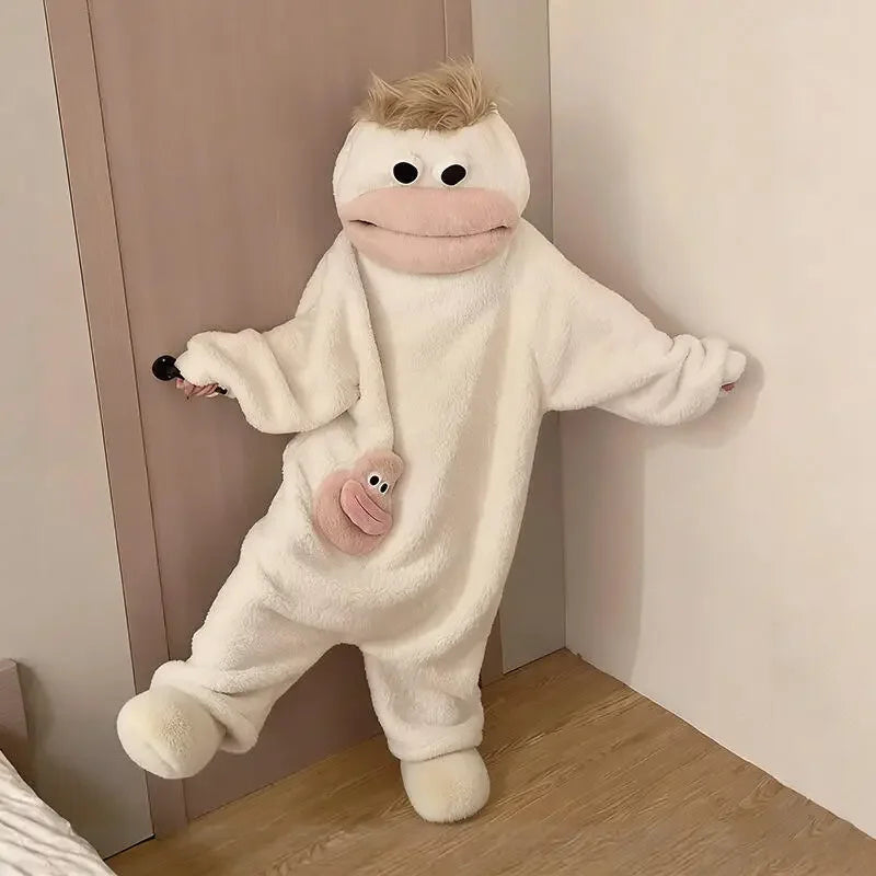 Anime Hangyodon Sleepwear Funny Monster Onesie Hooded with Long Hair Thick Plush Cute Cosplay Winter Loungewear Couples Pajam