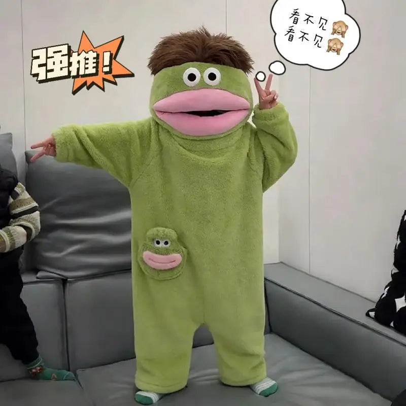 Anime Hangyodon Sleepwear Funny Monster Onesie Hooded with Long Hair Thick Plush Cute Cosplay Winter Loungewear Couples Pajam