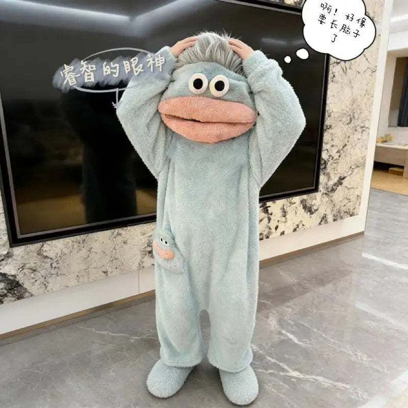 Anime Hangyodon Sleepwear Funny Monster Onesie Hooded with Long Hair Thick Plush Cute Cosplay Winter Loungewear Couples Pajam