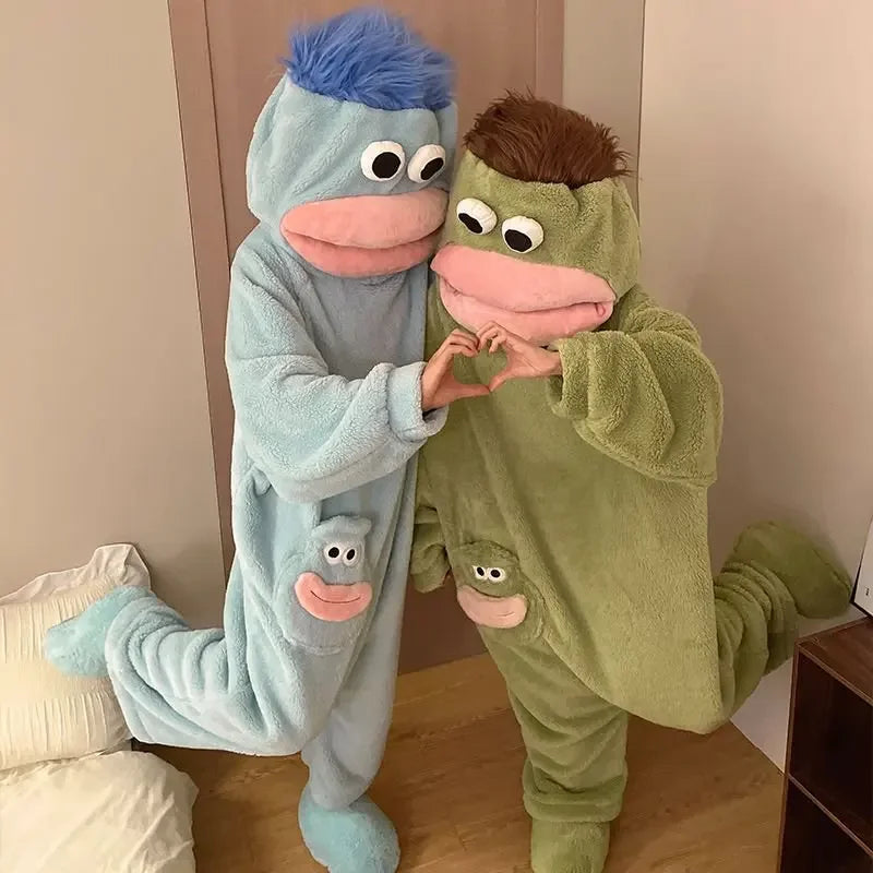 Anime Hangyodon Sleepwear Funny Monster Onesie Hooded with Long Hair Thick Plush Cute Cosplay Winter Loungewear Couples Pajam