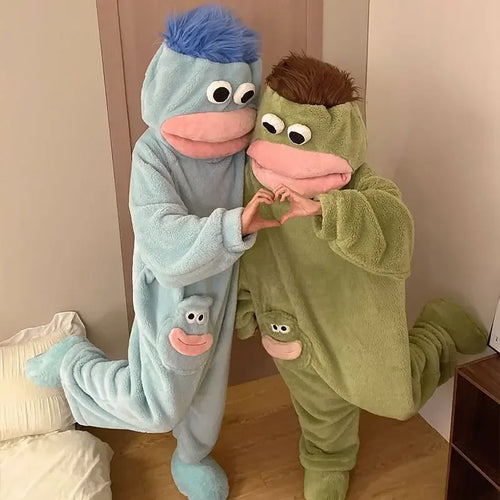 Anime Hangyodon Sleepwear Funny Monster Onesie Hooded with Long Hair Thick Plush Cute Cosplay Winter Loungewear Couples Pajam