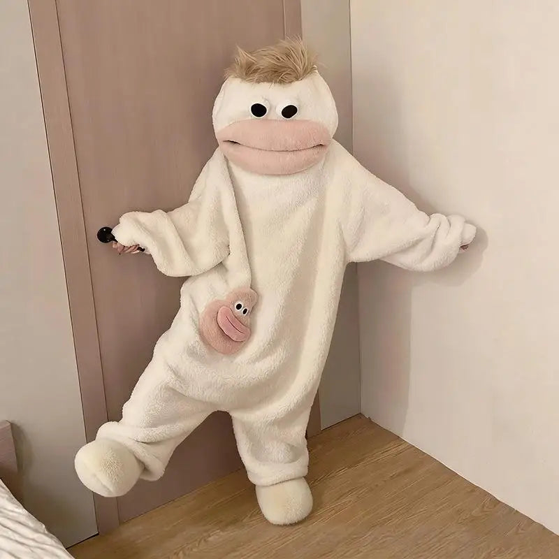 Anime Hangyodon Sleepwear Funny Monster Onesie Hooded with Long Hair Thick Plush Cute Cosplay Winter Loungewear Couples Pajam