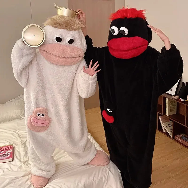 Anime Hangyodon Sleepwear Funny Monster Onesie Hooded with Long Hair Thick Plush Cute Cosplay Winter Loungewear Couples Pajam